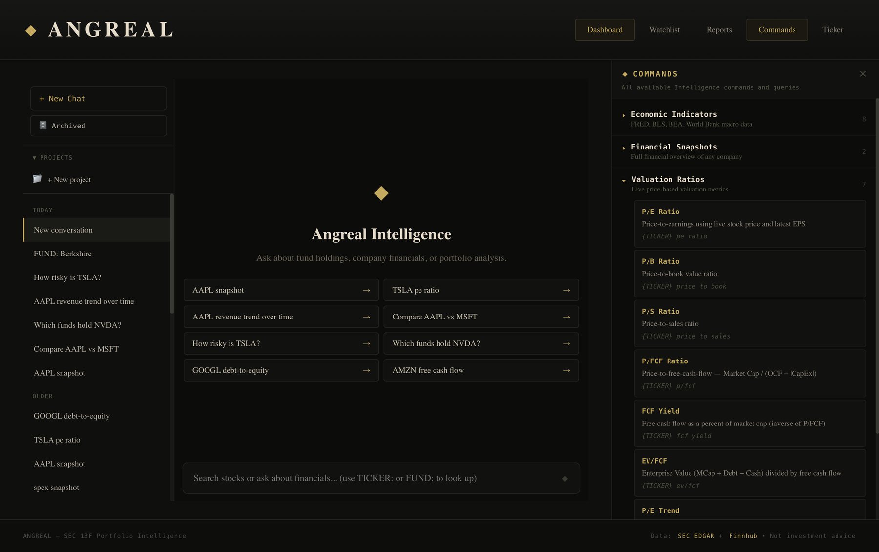 Commands panel with categories and the Valuation Ratios group expanded