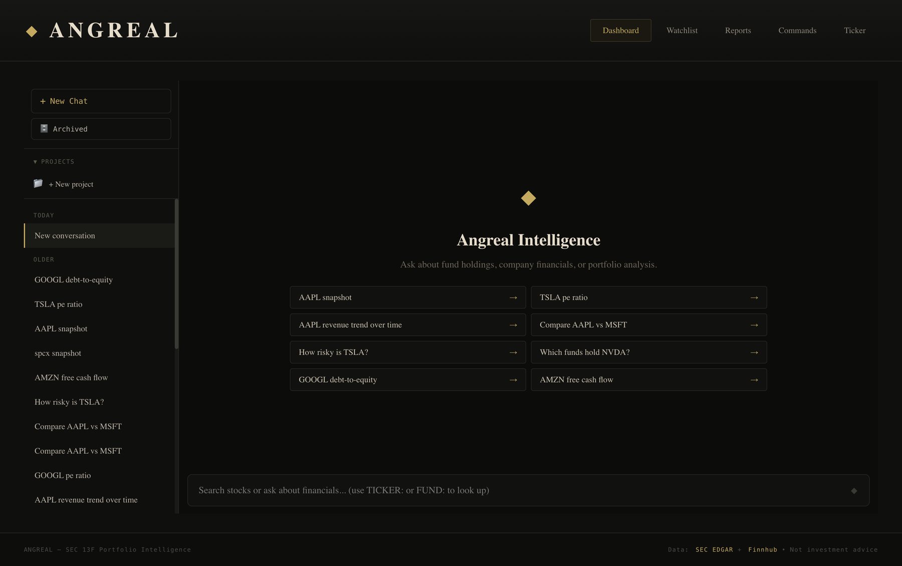 Angreal Intelligence home screen with a search bar and eight suggested questions