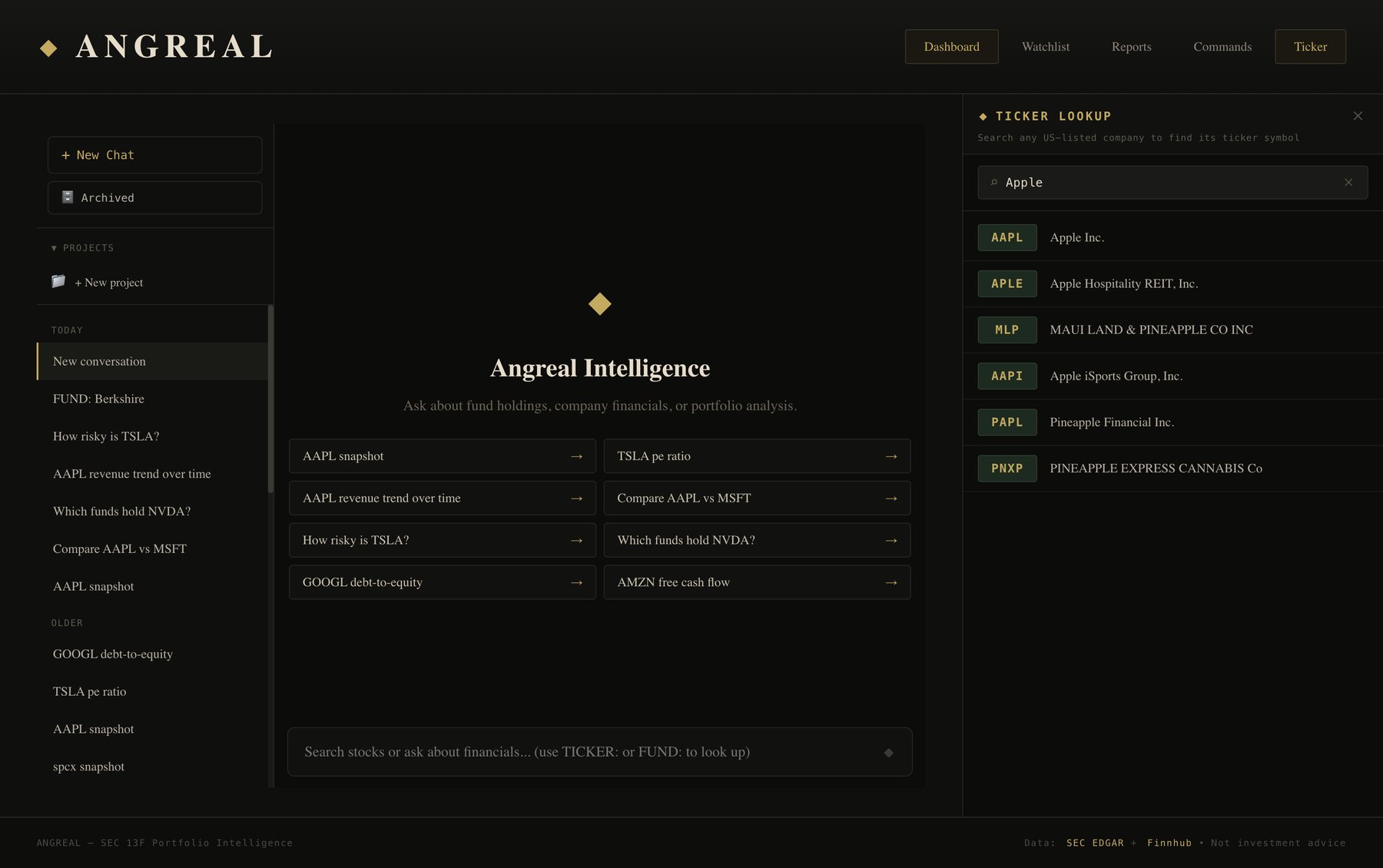 Ticker lookup panel showing results for Apple: AAPL, APLE, MLP, AAPI, PAPL, PNXP