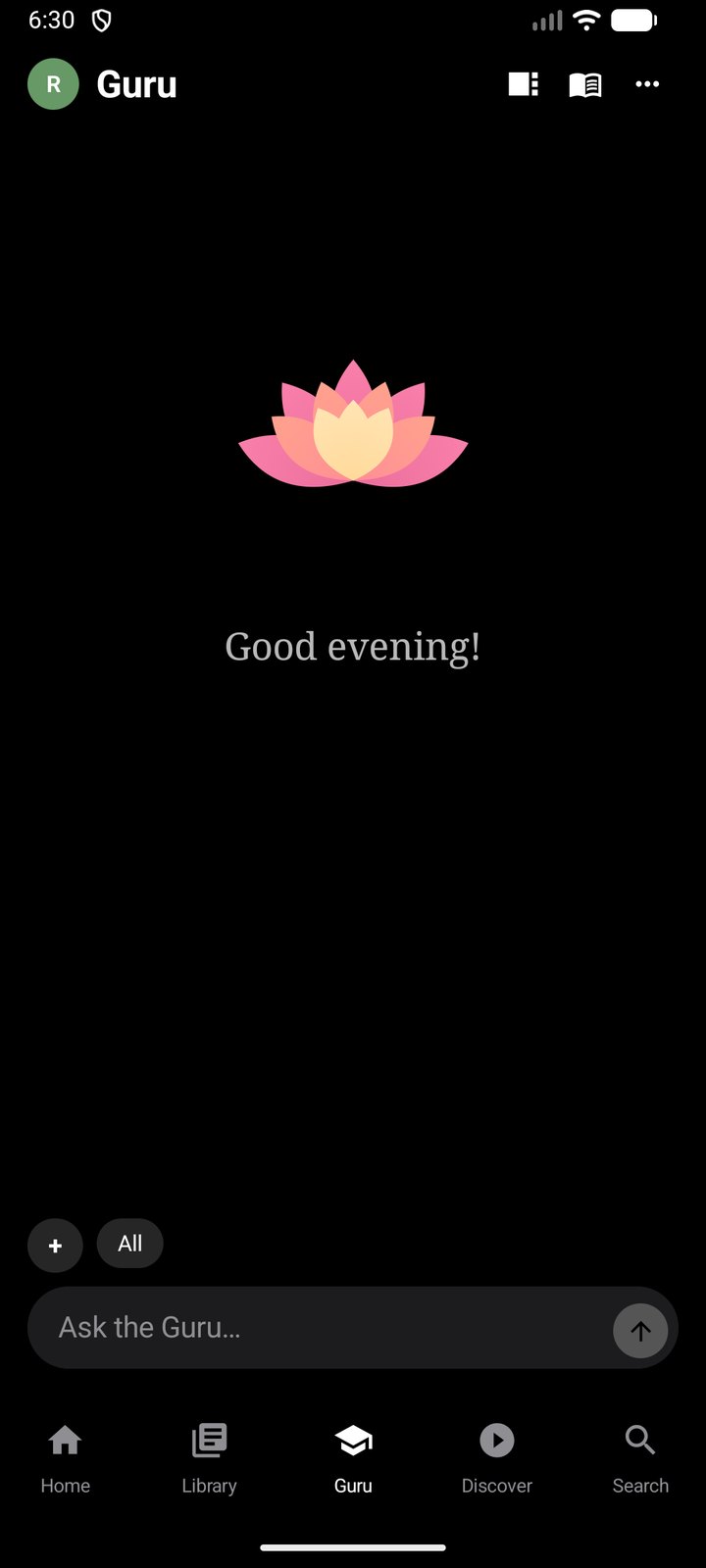Nalanda Android Guru tab with a lotus, the greeting Good evening, and an Ask the Guru box