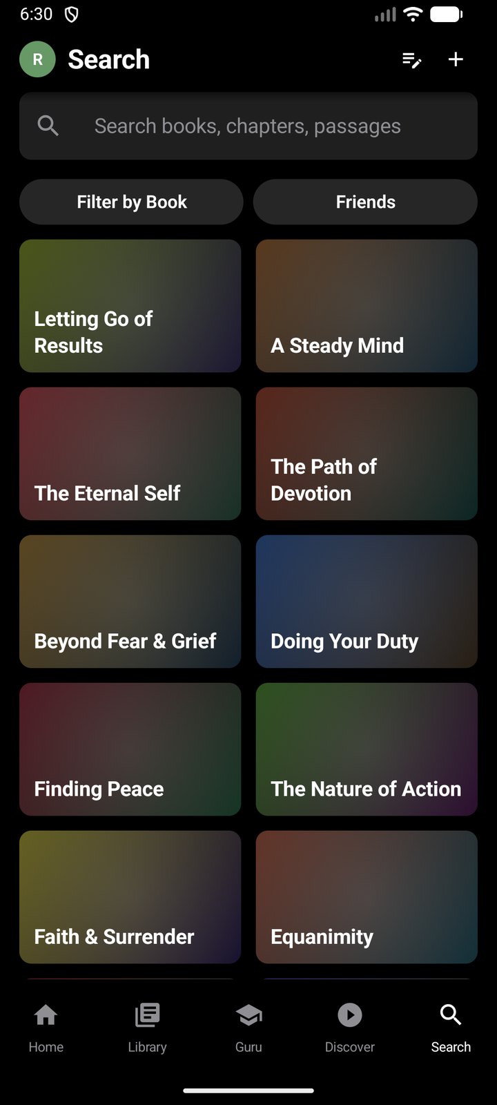 Nalanda Android Search tab with a grid of themes such as Letting Go of Results and A Steady Mind